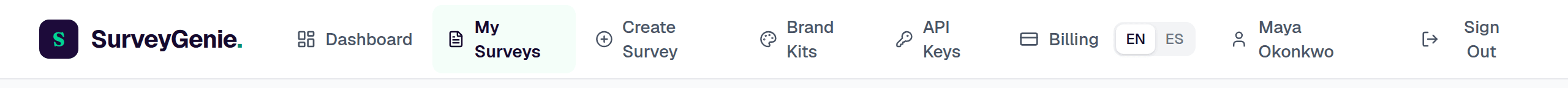 The top navigation bar: SurveyGenie logo, Dashboard, My Surveys (highlighted), Create Survey, Brand Kits, API Keys, Billing, a language switcher, the account name and Sign Out.