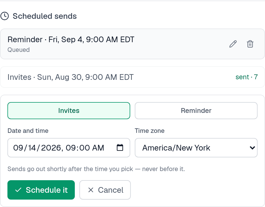 The Scheduled sends panel. A queued reminder for Friday 4 September at 9:00 AM EDT with reschedule and cancel icons, an invite send already marked sent to 7 people, and below them the form: an Invites / Reminder toggle, a date and time field reading 09/14/2026 09:00 AM, a time zone dropdown set to America/New York, a note that sends go out shortly after the time you pick and never before it, and Schedule it and Cancel buttons.