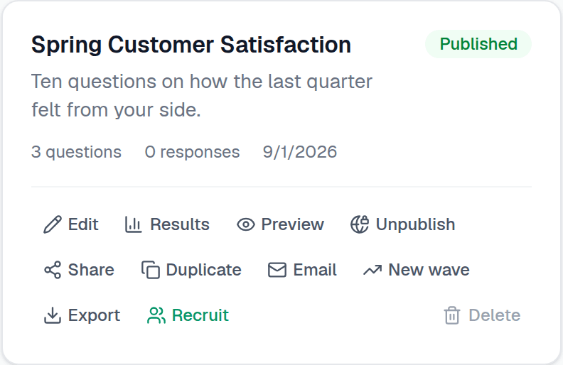 A survey card for Spring Customer Satisfaction marked Published, with its actions: Edit, Results, Preview, Unpublish, Share, Duplicate, Send, New wave, Export and Delete.